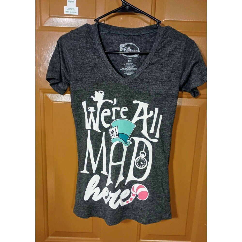Disney Alice in Wonderland X-Small XS Black “We're All Mad Here” V-neck T-shirt - Picture 11 of 12